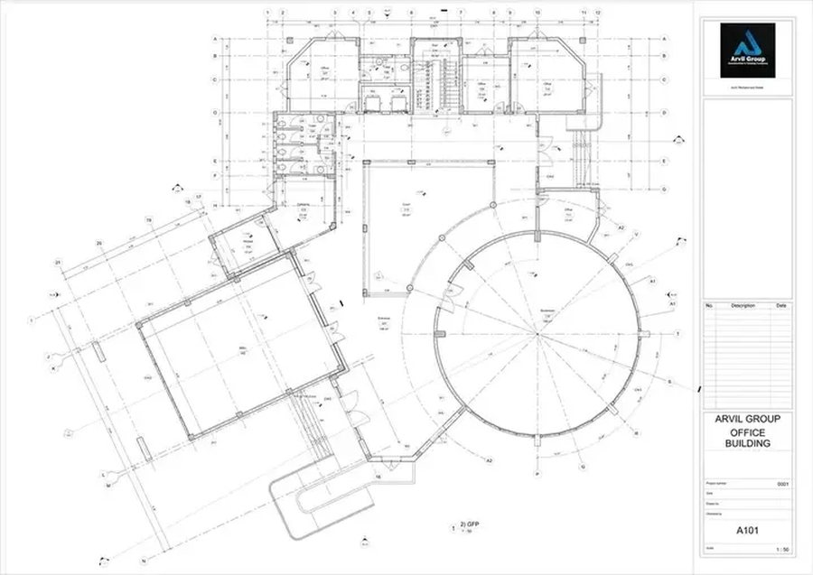 Plan architectural — bâtiment de bureaux (AutoCAD)